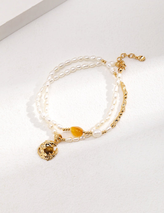 Half Pearl Tiger's Eye Moon Necklace | Estincele Jewellery