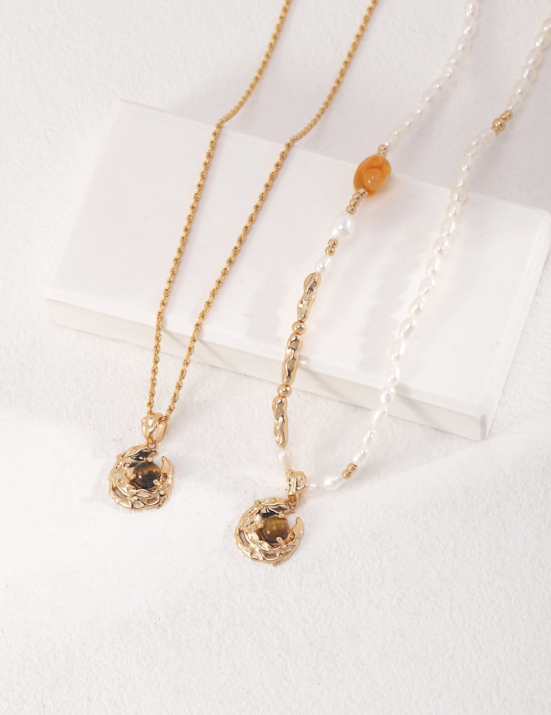 Half Pearl Tiger's Eye Moon Necklace | Estincele Jewellery
