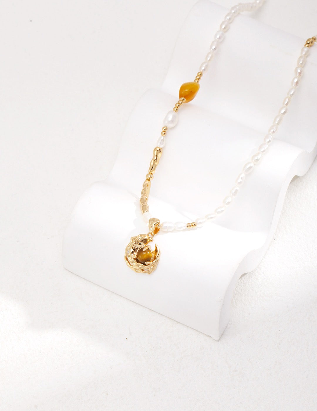 Half Pearl Tiger's Eye Moon Necklace | Estincele Jewellery