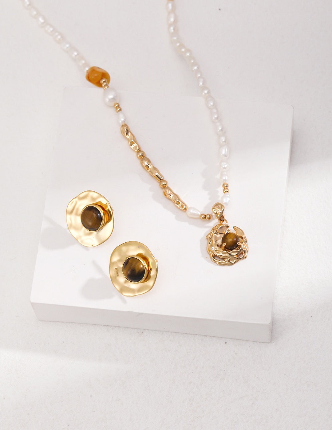 Half Pearl Tiger's Eye Moon Necklace | Estincele Jewellery
