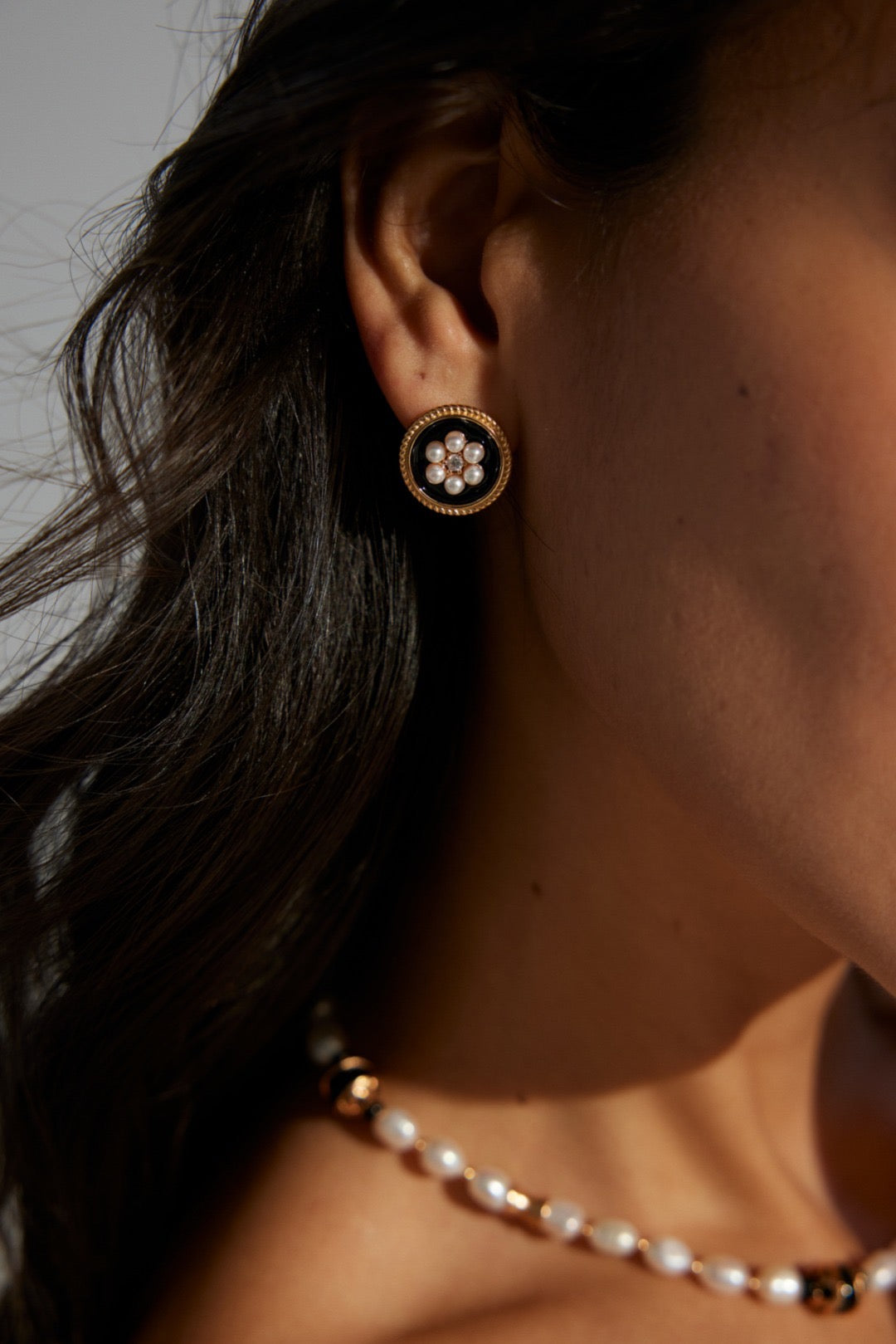 Black Pearl Flower Sterling Silver Earrings
