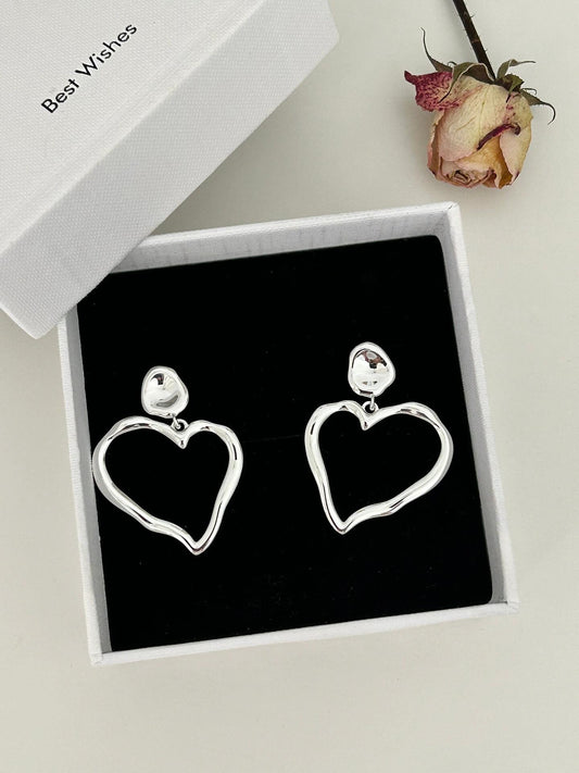Mega Hollow Heart Silver Earrings