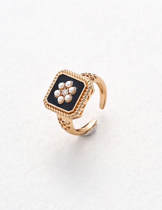 Black Floral Square Ring | black ring | Estincele Jewellery