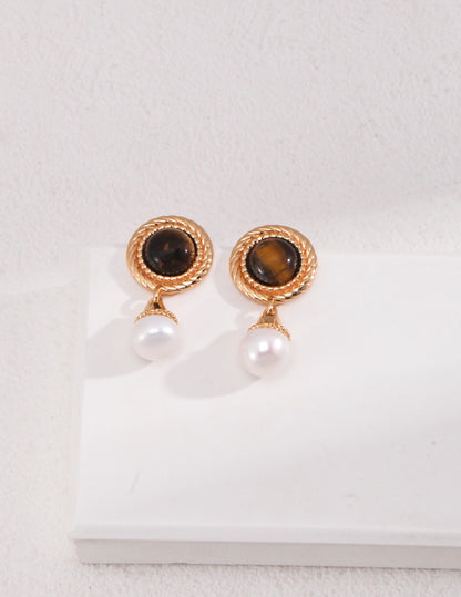 Tiger's Eye Pearl Drop Earrings