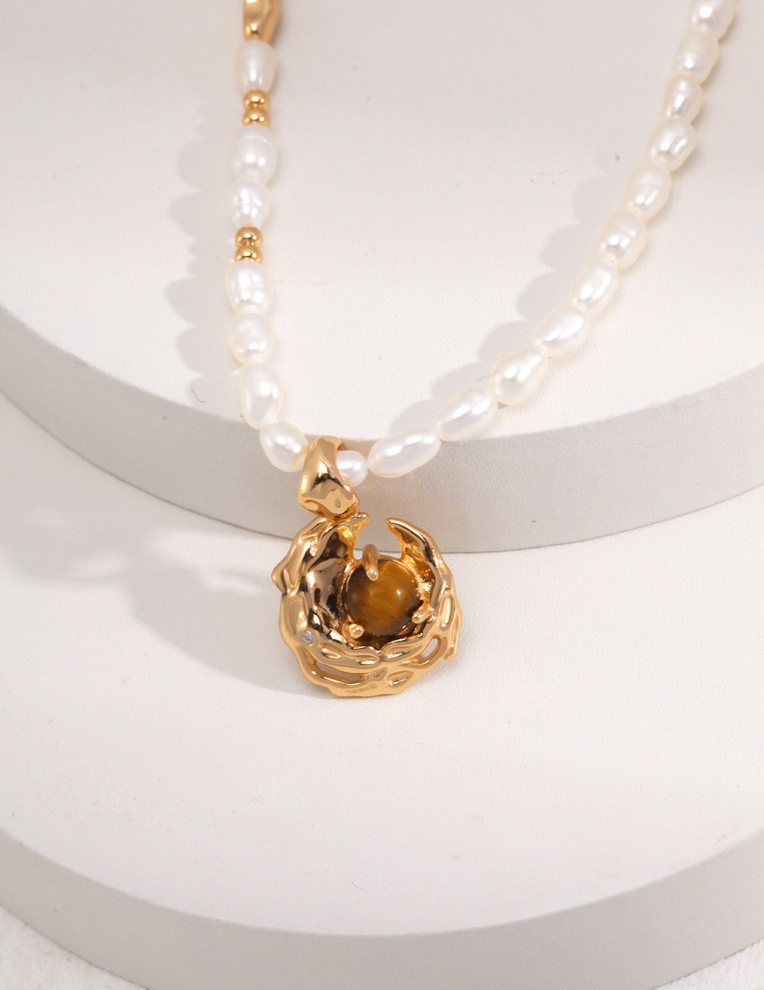 Half Pearl Tiger's Eye Moon Necklace | Estincele Jewellery