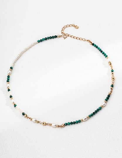 Natural Malachite Pearl Stones Sterling Silver Necklace