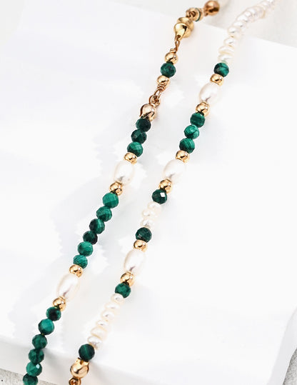 Natural Malachite Pearl Stones Sterling Silver Necklace