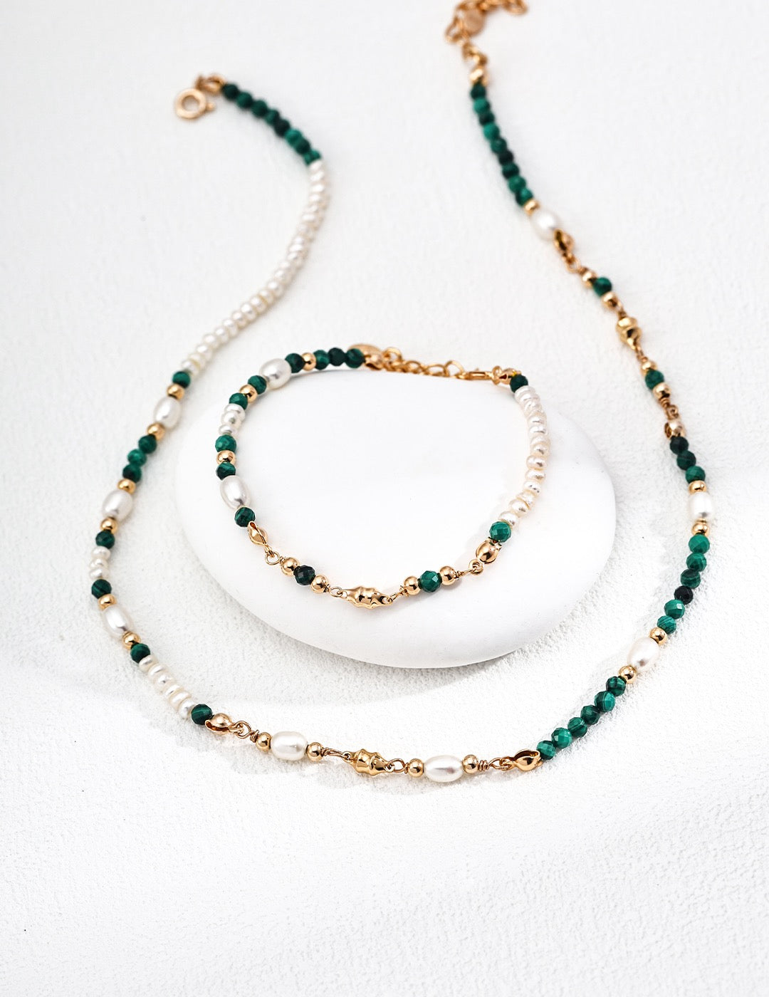 Natural Malachite Pearl Stones Sterling Silver Necklace
