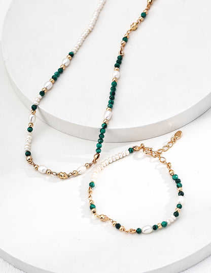 Natural Malachite Pearl Stones Sterling Silver Necklace