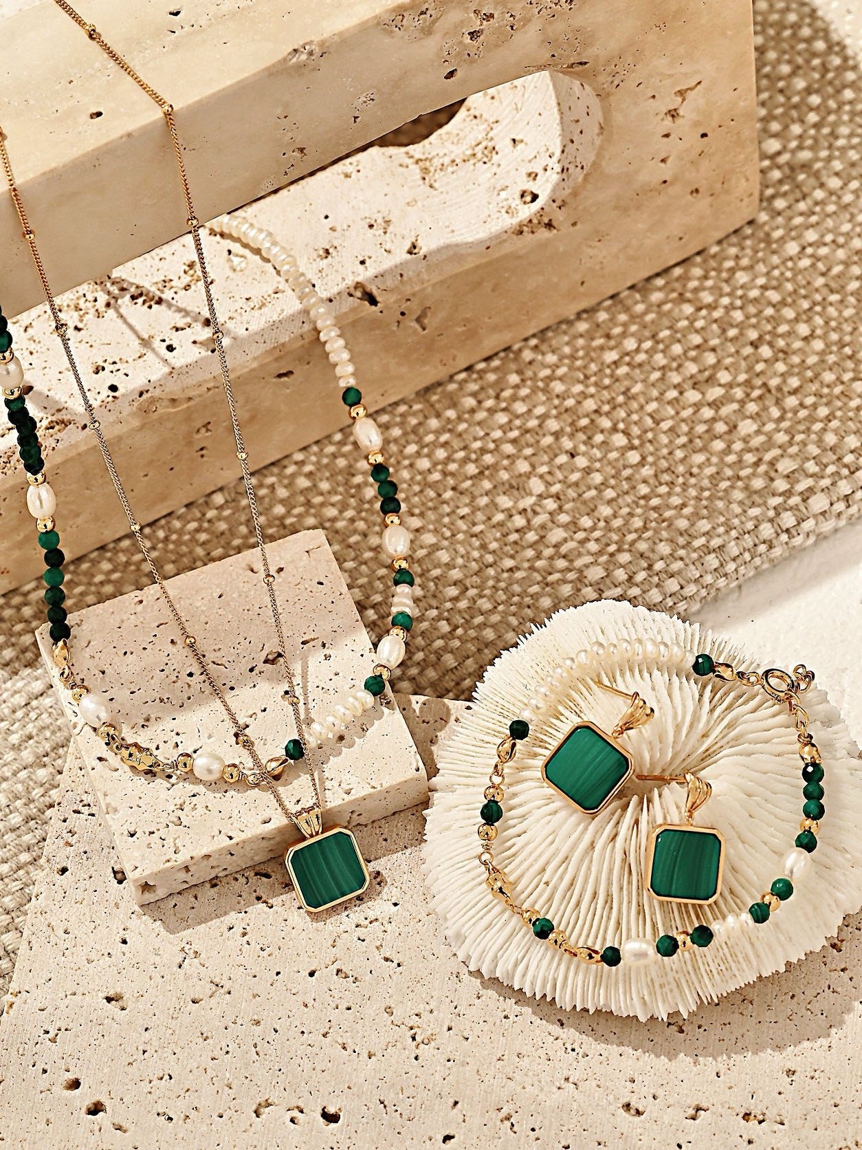 Natural Malachite Pearl Stones Sterling Silver Necklace